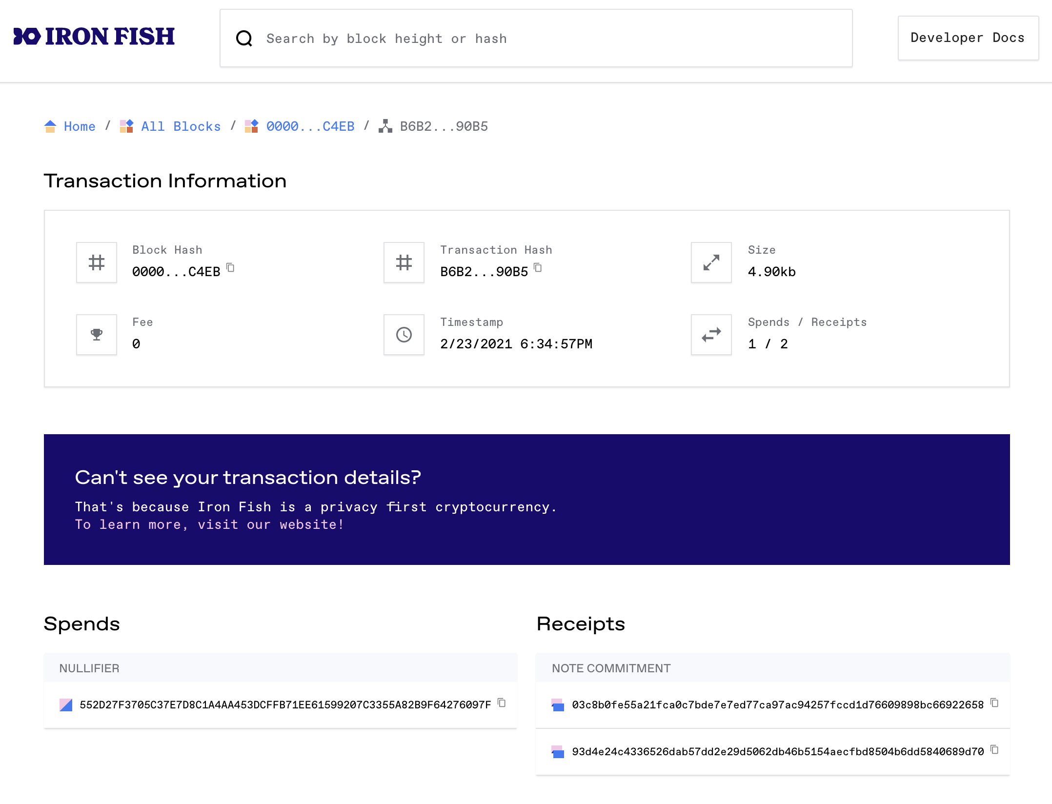 Transaction detail page on the Bitcoin Inu Block Explorer